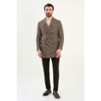 Ekoseli Slim Fit Geniş Yaka Kruvaze Yün Erkek Kaban - Bej - 48
