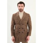 Ekoseli Slim Fit Geniş Yaka Kruvaze Yün Erkek Kaban - Kahverengi - 56