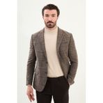Ekoseli Slim Fit Mono Yaka Yün Erkek Ceket - Bej - 52
