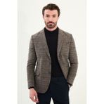 Ekoseli Slim Fit Mono Yaka Yün Erkek Ceket - Kamel - 48