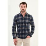 Ekoseli Slim Fit Uzun Kollu Oduncu Yün Erkek Gömlek - Lacivert - Bej