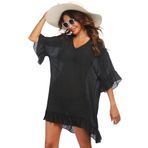 Ekouaer Kadın Mayo Örtüsü Seksi V Yaka Mayo Tulum Elbise Fırfırlı Kollu Bikini Plaj Giyimi Bol Üst XS-3XL, 01 Siyah, XL