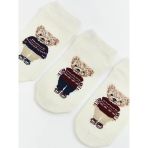Ekru Ayı Teddy Baskılı Kadın Sneaker Çorap 3'Lü