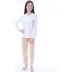 Ekru-Bej Çiçek Baskılı Biyeli Düğmeli %100 Pamuk Kız Çocuk Pijama Takımı