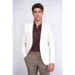 Ekru Çizgili Keten Dokulu Gold Renk Metal Düğmeli Slim Fit Erkek Blazer Ceket – Wessi - 6 Drop - 48