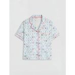 Ekru Gömlek Yaka Desenli Kadın Şortlu Pijama Takımı