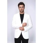 Ekru Kedinden Desenli Örme Altın Renk Metal Düğmeli Slim Fit Erkek Blazer Ceket - Wessi - 6 Drop - 46 - Blue
