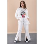 Ekru Kız Çocuk Çiçek Baskılı Gömlekli Jogger Pantolonlu 3lü Takım 20472 - 12 - 13 Yaş