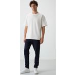 Ekru - Lacivert Pamuklu Kalın Yumuşak Dokulu Oversize Fit Basic Erkek Eşofman Takım - 85251
