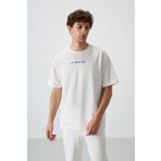 Ekru Pamuklu Kalın Yüzeyi Dokulu Oversize Fit Baskılı Erkek T-Shirt - 88364