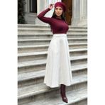 Ekru Yüksek Bel, Cepli, Kiloş Kesim, Kırçıllı Kaşe Uzun Etek - 42