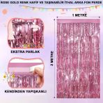 Ekstra Metalize Parlak Saçaklı Arka Fon Perde Rose Gold Vitrin