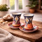 El Boyaması Seramik Çay Bardağı Seti 2’li – Desenli Çay Bardağı ve Tabağı - Renkli