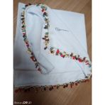 El Emeği Kristal Damla Boncuklu Yazma ,tülbent Yemeni, Fular ,4 Kenar Oyalı - 001-Beyaz - 100 x 100 cm