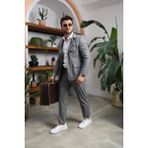 El Suit Beyaz Çizgili Gri Spor Takım Elbise - 54 - Slim Fit - Açık Gri - Beyaz
