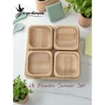 El Yapımı 6’lı Bambu Çerezlik ve Kahvaltılık Seti –9 cm Ahşap Sunum Kaseleri Kare Tabağı ile - 9x9 cm Kase - 20x20cm Servis Tabağı
