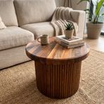 El Yapımı Ceviz Orta Sehpa – Modern Yuvarlak Ahşap Sehpa, Fluted Silindir Ayaklı Dekoratif Salon Sehpası, 50 cm