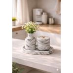El Yapımı Dekoratif Vazo, Mumluk & Tepsi Seti – Siyah & Beyaz Mermer Desenli Modern Beton Dekor