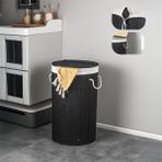 El Yapımı Hasır Katlanır Çamaşır Sepeti Yuvarlak 55 Litre (35CM*35CM*61CM), Doğal Malzemeden Üretilmiş Çamaşırlık (Siyah)