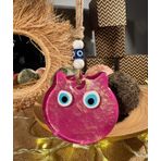 El Yapımı Hediyelik Dekoratif Nazar Boncuklu, Kedi Figürlü Simli ve İpli 25 cm Cam Duvar Süsü,Duvar Sanatı (PEMBE)