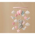 El Yapımı Keçe Bebek Dönencesi, Fil Modelli, Bulut Balon Yıldız Kuş Desenli, Pembe Gri Beyaz, Bebek Odası Süsü