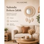El Yapımı Makrome Ayna Duvar Süsü 40 cm | Boho Dekoratif Ahşap Boncuklu Püsküllü Ayna | Salon, Yatak NGAH017