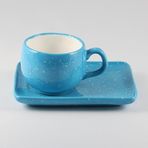 El Yapımı Seramik Kahve Fincanı ve Tabak Seti, Benekli Tasarım, Kahve ve Çay için Kupa ve Altlık Seti (Capri Mavi)