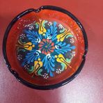 El Yapımı Seramik Küllük, Renkli Çiçek Desenli, Turuncu, 10 cm Çap, 4 cm Yükseklik