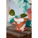 El Yapımı Terracotta Konik Saksı + Tabak - Bohem Beyaz (Küçük)