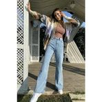 Ela 90's Mavi Kar Yıkama Likralı Süper Yüksek Bel Salaş Paça Jeans Palazzo Pantolon - 38