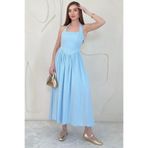 Elbee Fashion Woman Bebe Mavi Boyundan Bağlamalı Keten Elbise
