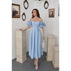 Elbee Fashion Woman Bebe Mavi Kolları Balon Pileli Atlas Elbise