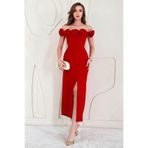 Elbee Fashion Woman Kırmızı Madonna Yaka Güllü Elbise