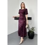 Elbee Fashion Woman Mor Midi Boy Pul Payet Elbise