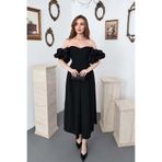 Elbee Fashion Woman Siyah Kolları Balon Pileli Atlas Elbise