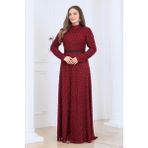 Elben Moda Lina Tesettür Abiye Elbise Dantel Kumaş Eteği Kuyruk ve Beli Taş Detaylı - Bordo - 54