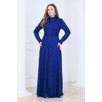 Elben Moda Lina Tesettür Abiye Elbise Dantel Kumaş Eteği Kuyruk ve Beli Taş Detaylı - İndigo - 40