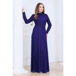 Elben Moda Lina Tesettür Abiye Elbise Dantel Kumaş Eteği Kuyruk ve Beli Taş Detaylı - Mor - 52