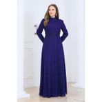 Elben Moda Lina Tesettür Abiye Elbise Dantel Kumaş Eteği Kuyruk ve Beli Taş Detaylı - Mor - 54