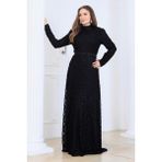 Elben Moda Lina Tesettür Abiye Elbise Dantel Kumaş Eteği Kuyruk ve Beli Taş Detaylı - Siyah - 48