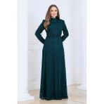Elben Moda Lina Tesettür Abiye Elbise Dantel Kumaş Eteği Kuyruk ve Beli Taş Detaylı - Yeşil - 54