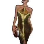 Elbise Kadın Zarif Parlak Metalik Halter Midi Elbise Kadın Kolsuz Sırtı Açık Bodycon Uzun Bayan Parti Kulübü Gece Elbiseleri, Altın Kısa, L