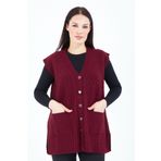 Elçelya Moda Kadın Bordo V Yaka Düğmeli Cepli Yün Anne Triko Yelek