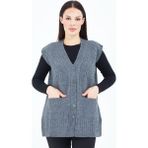 Elçelya Moda Kadın Gri V Yaka Düğmeli Cepli Örgü Yün Anne Triko Yelek - 2XL