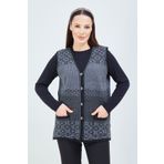 Elçelya Moda Kadın Kısa Siyah Gri Desenli Triko Düğmeli Cepli Kışlık Anne Yelek