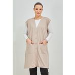 Elçelya Moda Kadın Krem Uzun Cepli Düğmeli Penye Anne Büyük Beden Tunik Yelek