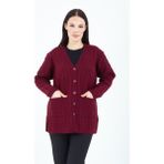Elçelya Moda Kadın V Yaka Bordo Düğmeli Cepli Kısa Hırka Örgü Yün Malzemeden Üretildi - 2XL