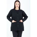 Elçelya Moda Kadın V Yaka Siyah Düğmeli Cepli Örgü Yün Anne Triko Kısa Hırka
