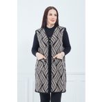 Elçelya Moda Kadın Vizon Yaprak Desenli Cepli Uzun Kışlık Triko Anne Yelek
