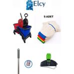 Elcy Çift Kovalı Plastik Temizlik Arabası Paspas Arabası Islak Mop Seti 5 Adet Islak Mop - Renkli